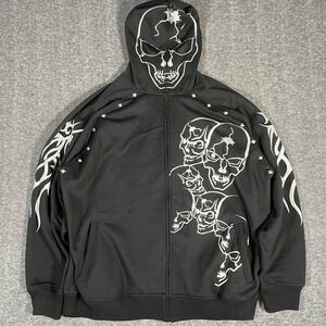 Vtg Ablanche Mens 2XL Black Skull Full Zip Mask Hoodie Studded Y2K Tribal Goth